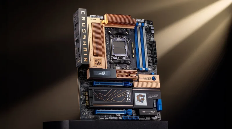 Placa base ROG Crosshair con detalles en cobre y azul, destacando el socket del procesador y componentes de alto rendimiento.