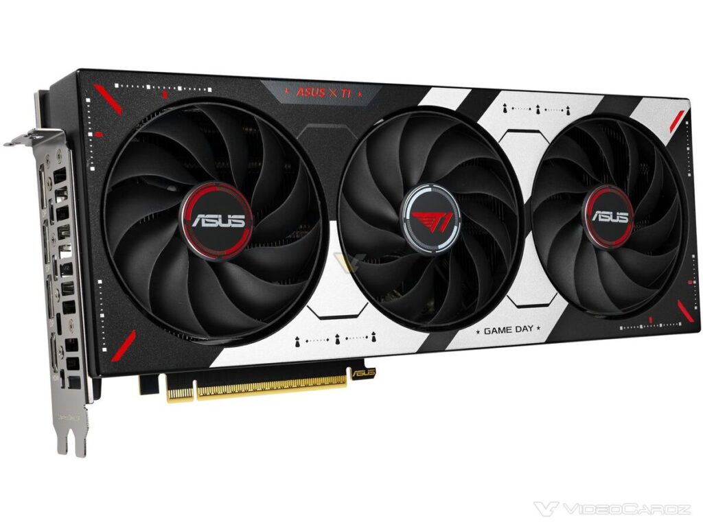 Tarjeta gráfica ASUS con diseño negro y detalles en rojo, tres ventiladores visibles, conectores traseros y un acabado moderno.