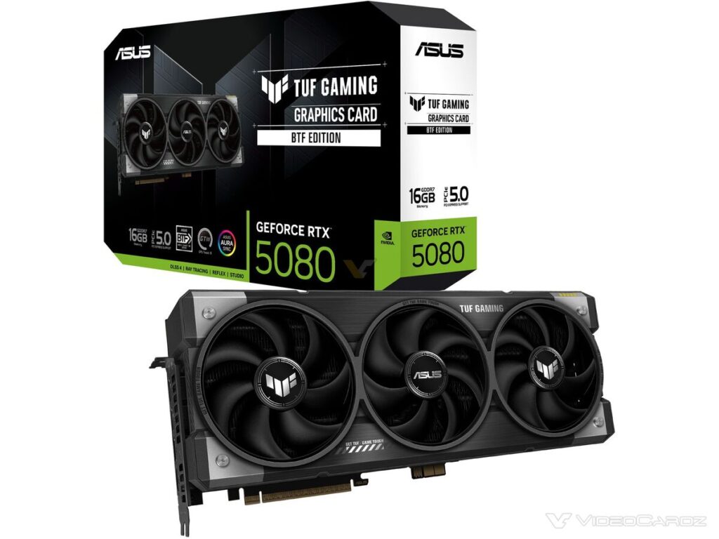 Tarjeta gráfica ASUS TUF Gaming GeForce RTX 5080, con tres ventiladores, caja de diseño negro y detalles en blanco y verde.