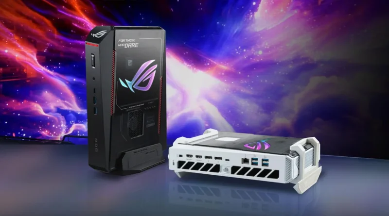 PC compacta ROG con diseño futurista en negro y plateado, iluminada por un fondo abstracto de colores vivos.