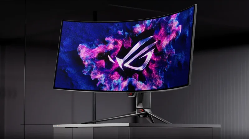 Monitor curvo OLED con fondo colorido y diseño moderno, exhibiendo el logotipo ROG en la pantalla, sobre una base elegante.