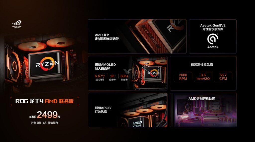 Fondo oscuro con detalles en naranja. Destaca un procesador Ryzen y módulos de refrigeración, con gráficos técnicos y especificaciones.