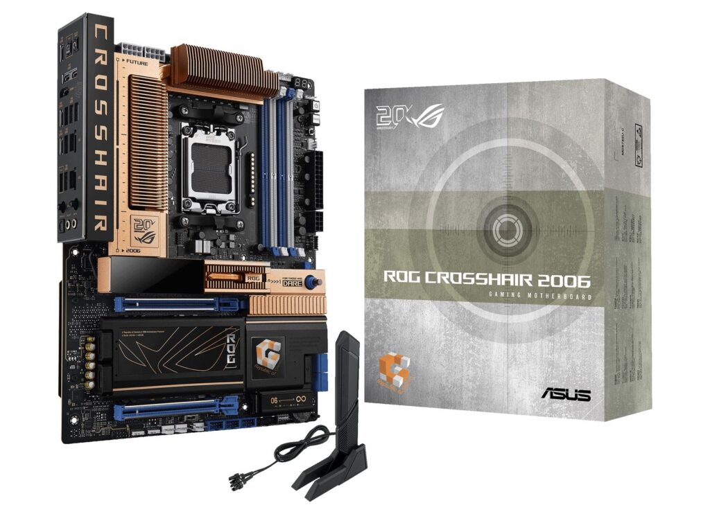 Placa base ROG Crosshair 2006 de ASUS, con disipadores de calor en tonos cobre y azul, junto a su caja y accesorios en un fondo claro.