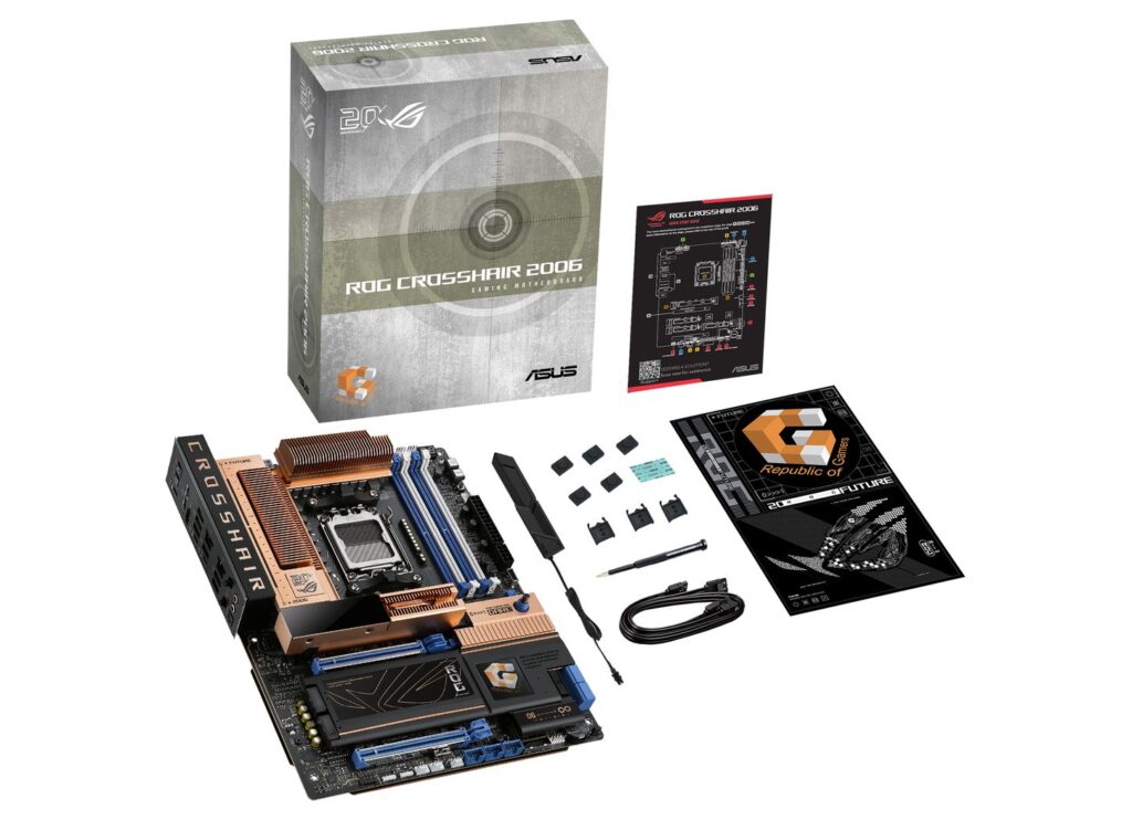 Placa base ROG Crosshair 2006 de ASUS con disipadores de calor y accesorios, junto a su caja y documentación, en un fondo claro.