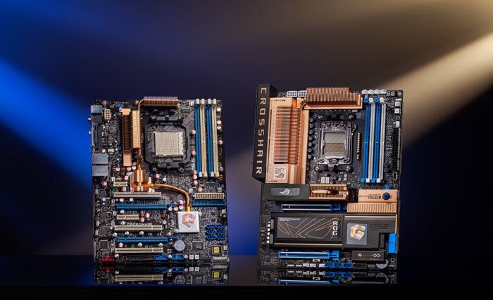Placas base ROG Crosshair de ASUS, destacando detalles en negro, azul y cobre, con disipadores de calor y zócalos de CPU visibles.