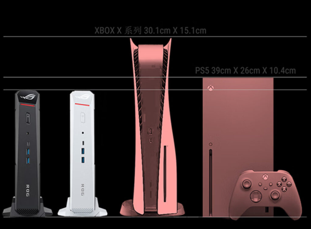 Comparativa de tamaño entre el ASUS ROG NUC 16, PS5 y Xbox Series X, mostrando dimensiones en colores sólidos sobre fondo negro.