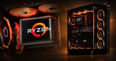 Ensamblaje de PC gamer con componentes AMD, iluminación naranja, disipadores prominentes y logo de Ryzen destacado.