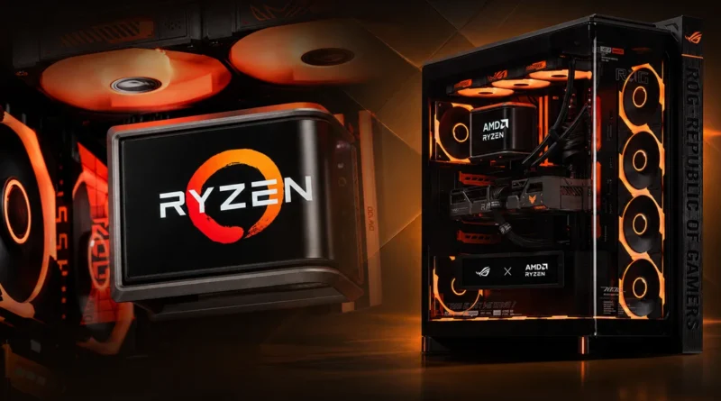 Ensamblaje de PC gamer con componentes AMD, iluminación naranja, disipadores prominentes y logo de Ryzen destacado.