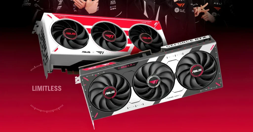 Tarjetas gráficas ASUS GeForce RTX 50 en colores blanco y negro, con tres ventiladores cada una, sobre fondo rojo.