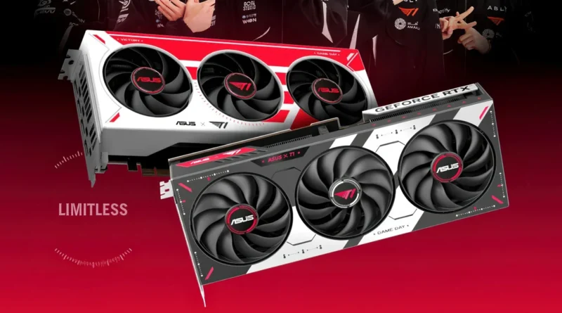 Tarjetas gráficas ASUS GeForce RTX 50 en colores blanco y negro, con tres ventiladores cada una, sobre fondo rojo.