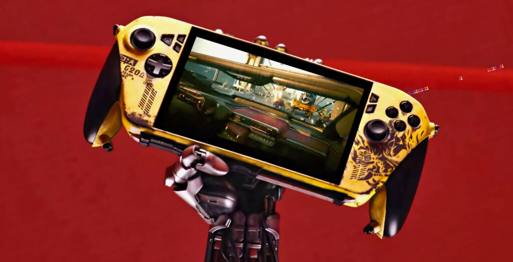 Controlador amarillo de videojuego con un diseño inspirado en Cyberpunk, sosteniendo una pantalla que muestra una escena del juego. Fondo rojo.