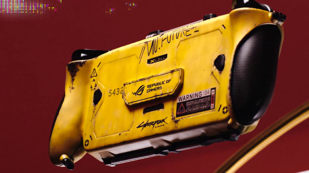 Controlador de juego en color amarillo brillante con detalles en negro, inspirado en Cyberpunk, con marcas de desgaste y logotipos destacados.