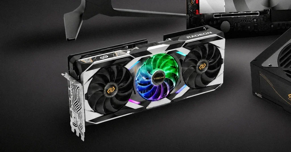 Tarjeta gráfica Radeon RX 9070 XT con diseño especial, ventiladores dobles iluminados y detalles en blanco y negro sobre fondo oscuro.