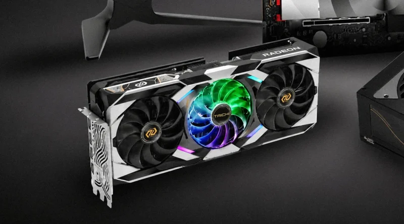 Tarjeta gráfica Radeon RX 9070 XT con diseño especial, ventiladores dobles iluminados y detalles en blanco y negro sobre fondo oscuro.