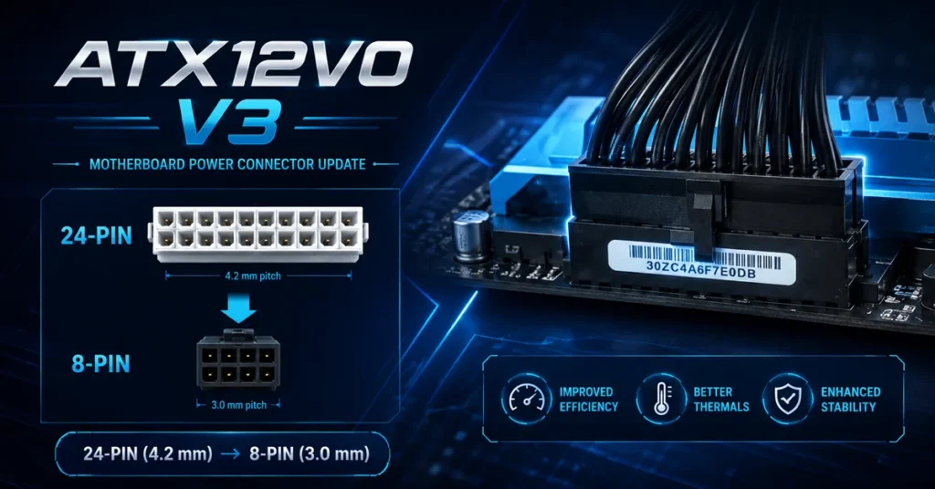 Conector ATX12VO V3 mostrando un conector de 24 pines y uno de 8 pines, con un fondo azul y detalles técnicos sobre eficiencia y estabilidad.