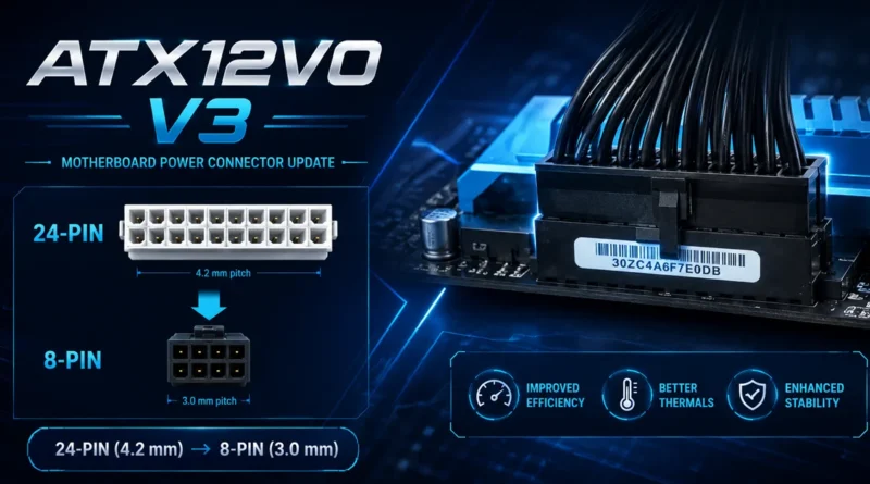 Conector ATX12VO V3 mostrando un conector de 24 pines y uno de 8 pines, con un fondo azul y detalles técnicos sobre eficiencia y estabilidad.