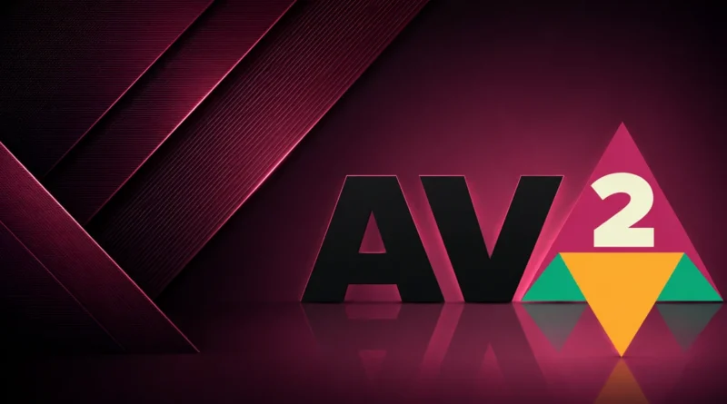 Fondo en tonos morados con formas geométricas: la letra "AV" en negro y el número "2" en colores verde, amarillo y blanco.