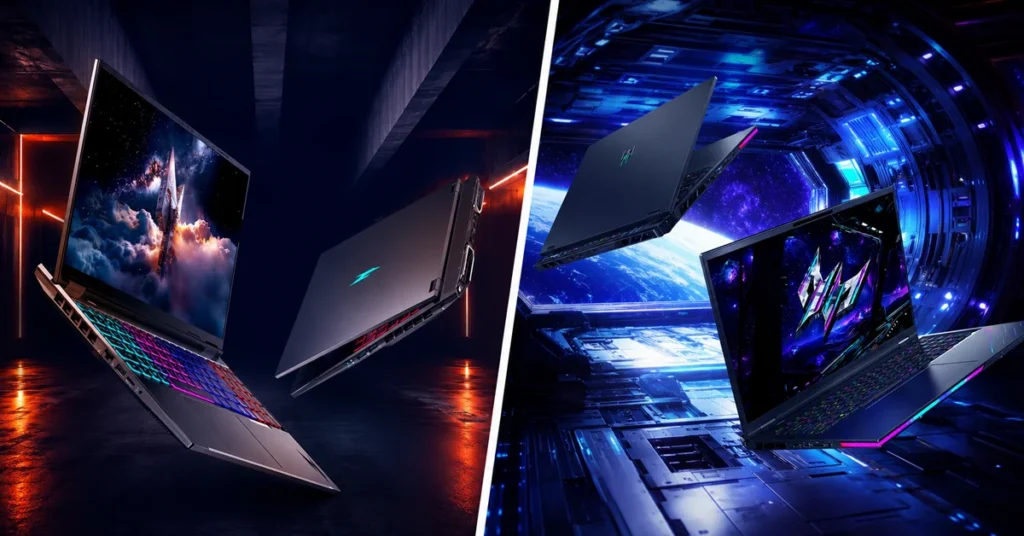 Portátiles Acer Helios 18 y Nitro 16 flotan en un ambiente futurista, con teclados iluminados y fondos cósmicos en tonos oscuros y vibrantes.