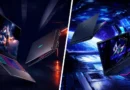 Portátiles Acer Helios 18 y Nitro 16 flotan en un ambiente futurista, con teclados iluminados y fondos cósmicos en tonos oscuros y vibrantes.