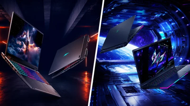 Portátiles Acer Helios 18 y Nitro 16 flotan en un ambiente futurista, con teclados iluminados y fondos cósmicos en tonos oscuros y vibrantes.