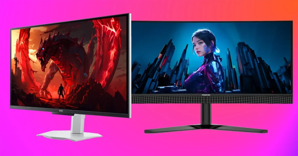 Dos monitores gaming: uno con una escena de acción intensa en tonos rojos y oscuros, y otro con un retrato futurista en azul y negro.