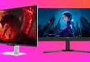 Dos monitores gaming: uno con una escena de acción intensa en tonos rojos y oscuros, y otro con un retrato futurista en azul y negro.