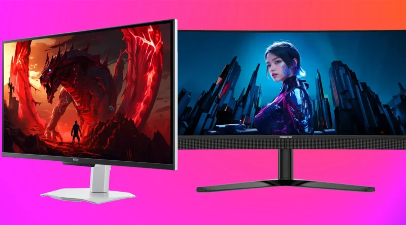 Dos monitores gaming: uno con una escena de acción intensa en tonos rojos y oscuros, y otro con un retrato futurista en azul y negro.