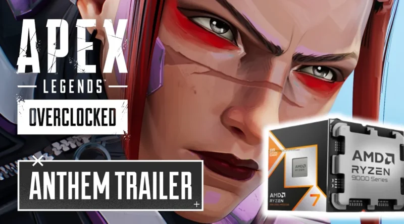 Destaca un personaje de Apex Legends con maquillaje llamativo, junto a un procesador AMD Ryzen de la serie 7000 en tonos naranja y negro.