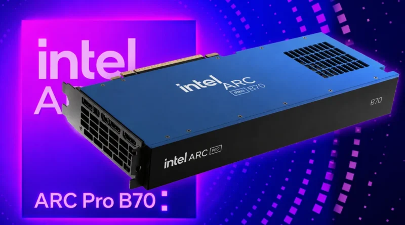 Tarjeta gráfica Intel Arc Pro B70 en tonos azules y negros, con un fondo morado y patrones circulares. Textos destacados en el diseño.