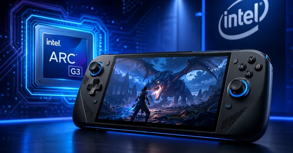 Consola portátil de juego en primer plano, mostrando un dragón en pantalla, junto al logo de Intel Arc G3 y un fondo azul tecnológico.