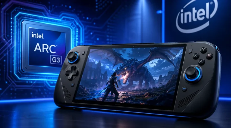 Consola portátil de juego en primer plano, mostrando un dragón en pantalla, junto al logo de Intel Arc G3 y un fondo azul tecnológico.