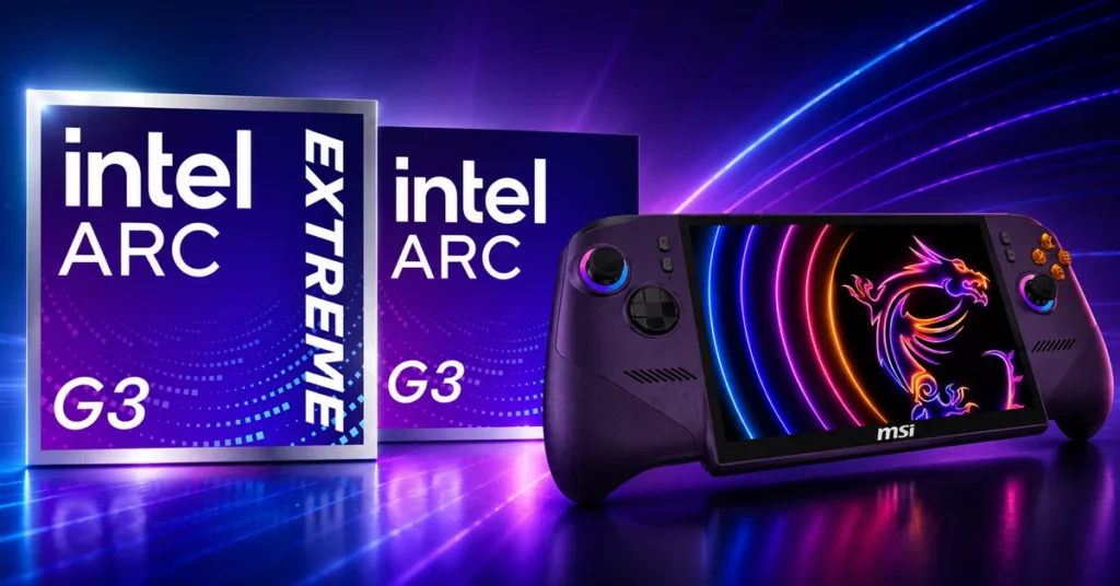 Fondo degradado en tonos púrpura y azul, con cajas del Intel Arc G3 Extreme y un controlador MSI, resaltando el rendimiento gráfico.