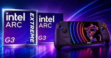 Fondo degradado en tonos púrpura y azul, con cajas del Intel Arc G3 Extreme y un controlador MSI, resaltando el rendimiento gráfico.