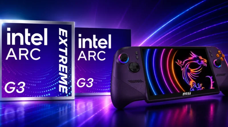 Fondo degradado en tonos púrpura y azul, con cajas del Intel Arc G3 Extreme y un controlador MSI, resaltando el rendimiento gráfico.
