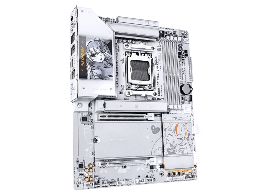 Placa madre blanca con diseño anime, CPU socket en el centro, componentes metálicos plateados y gráficos en la parte superior.