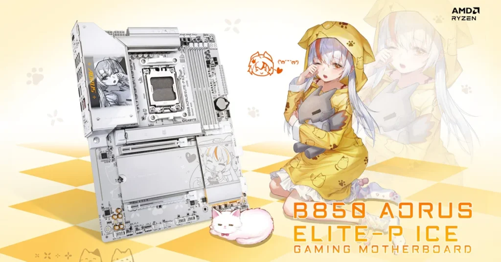 Placa madre B850 AORUS ELITE-P ICE en tonos blancos y grises, con ilustraciones de estilo anime y un personaje en amarillo.