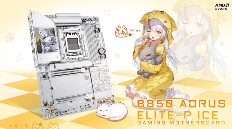 Placa madre B850 AORUS ELITE-P ICE en tonos blancos y grises, con ilustraciones de estilo anime y un personaje en amarillo.