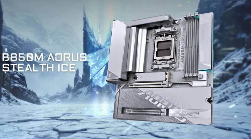 Placa base B850M AORUS STEALTH ICE en tonalidades plateadas, con diseño Micro ATX y elementos de enfriamiento integrados, sobre fondo futurista.