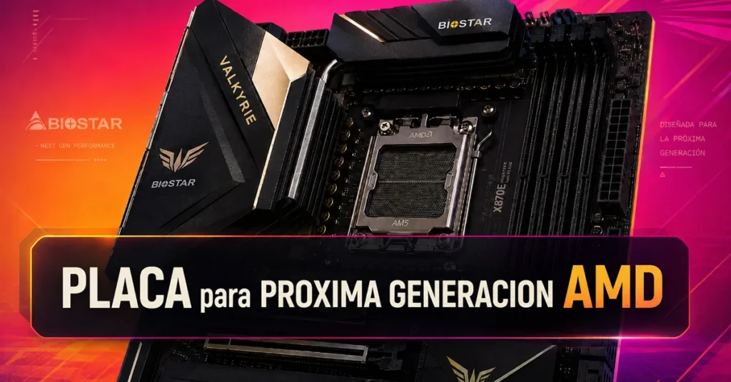 Placa madre Biostar con socket AM5 y diseño destacado en negro y dorado, enfatizando compatibilidad con la nueva generación AMD.