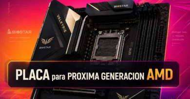 Placa madre Biostar con socket AM5 y diseño destacado en negro y dorado, enfatizando compatibilidad con la nueva generación AMD.