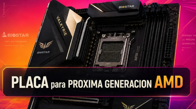 Placa madre Biostar con socket AM5 y diseño destacado en negro y dorado, enfatizando compatibilidad con la nueva generación AMD.