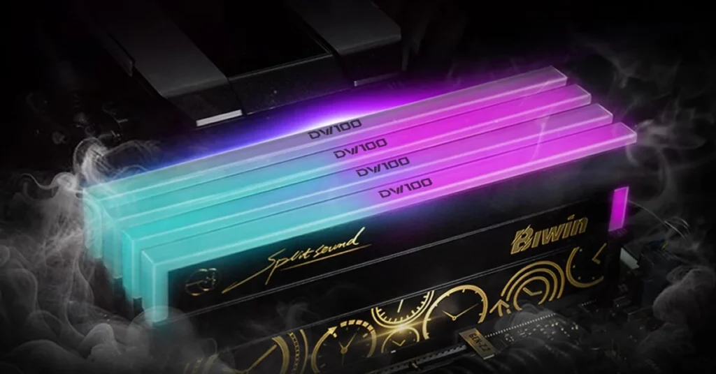 Módulos de RAM de Biwin en colores azul y rosa, con un diseño brillante y detalles dorados, sobre una placa base oscura.