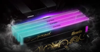 Módulos de RAM de Biwin en colores azul y rosa, con un diseño brillante y detalles dorados, sobre una placa base oscura.