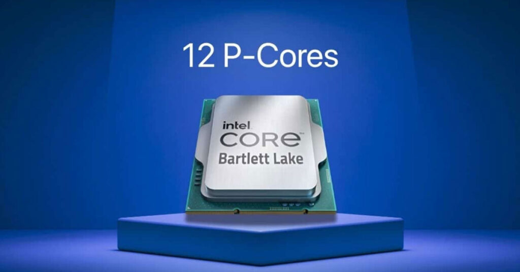 Procesador Intel Core Bartlett Lake sobre un pedestal iluminado, con el texto "12 P-Cores" en la parte superior, fondo azul.