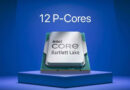 Procesador Intel Core Bartlett Lake sobre un pedestal iluminado, con el texto "12 P-Cores" en la parte superior, fondo azul.