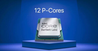 Procesador Intel Core Bartlett Lake sobre un pedestal iluminado, con el texto "12 P-Cores" en la parte superior, fondo azul.