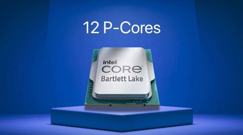 Procesador Intel Core Bartlett Lake sobre un pedestal iluminado, con el texto "12 P-Cores" en la parte superior, fondo azul.