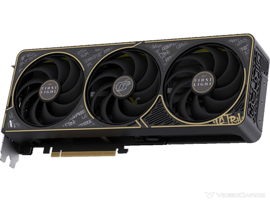 Tarjeta gráfica con diseño elegante en negro y dorado, cuenta con tres ventiladores y el texto "FIRST LIGHT" en la parte frontal.