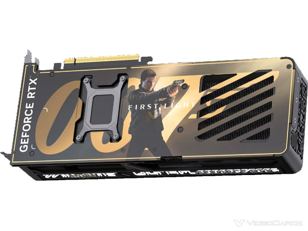 Tarjeta gráfica GeForce RTX con diseño en negro y dorado, presenta a James Bond apuntando, destacando el título "FIRST LIGHT".