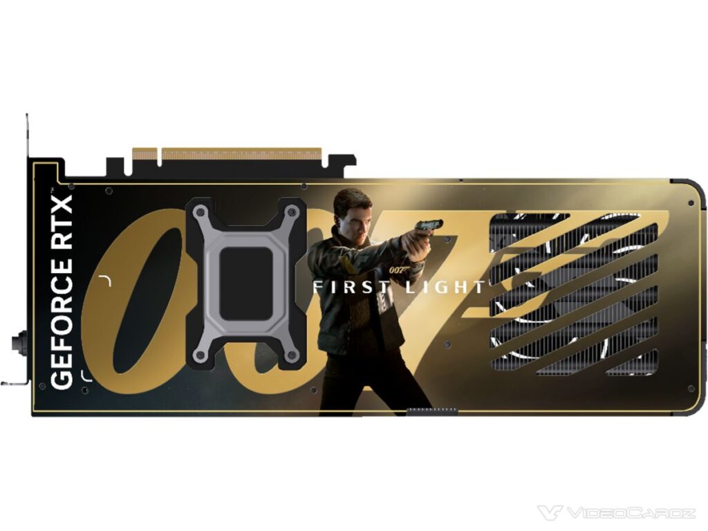 Tarjeta gráfica GeForce RTX con diseño de la película 007, incluyendo un personaje sosteniendo una pistola y colores dorados y negros.